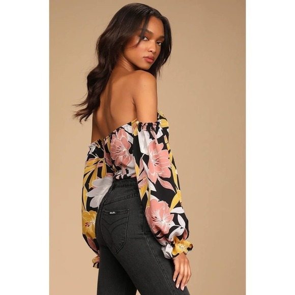 Lulus NWT Bring the Blossom Black Floral Print Off Shoulder Bodysuit Size XL - Picture 5 of 7